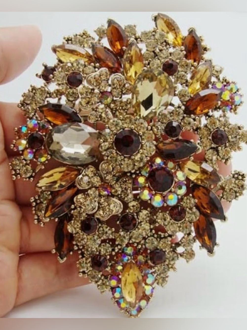 Gold and Amber Crystal Floral Statement Brooch
